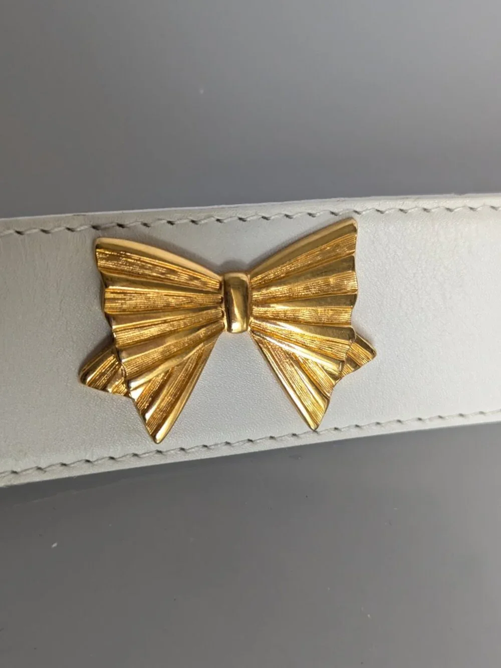 Escada Vintage White Leather Belt Gold Tone Bow Studs Bow Belt Buckle